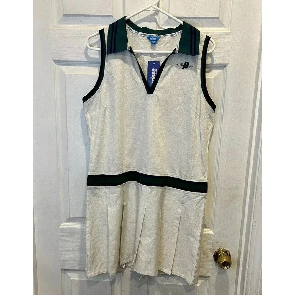 NWT Prince Pickleball Dress Women’s XL Cream Green Pleated Athletic Collared - Picture 1 of 9